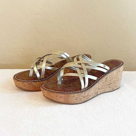 Sam Edelman Sandals 6 Reana Light Gold Strappy Cork Platform Wedge Heel Slides - Picture 1 of 11